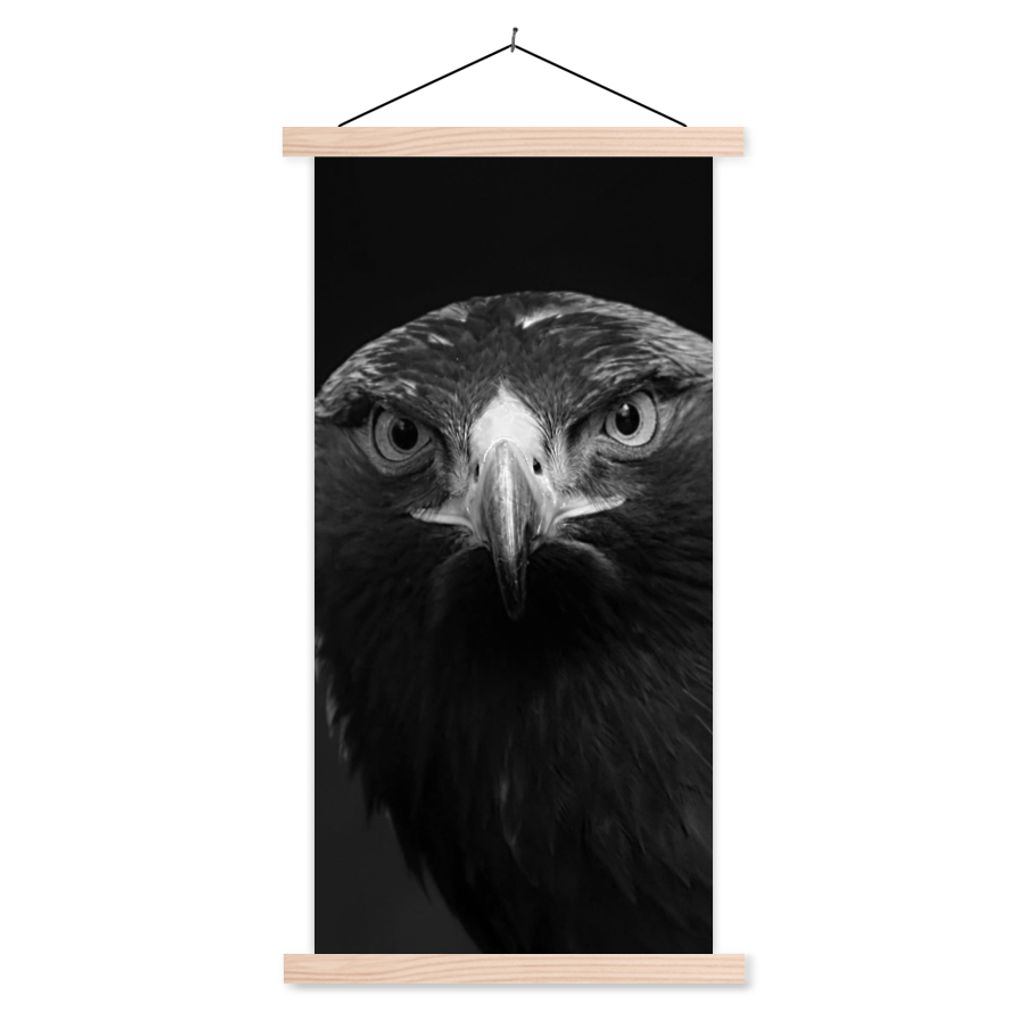 MuchoWow Textilposter Bussard - Vogel - Tiere - Schwarz - Weiß 40x80 cm mit holzfarbenen Rahmen - Wohnzimmer