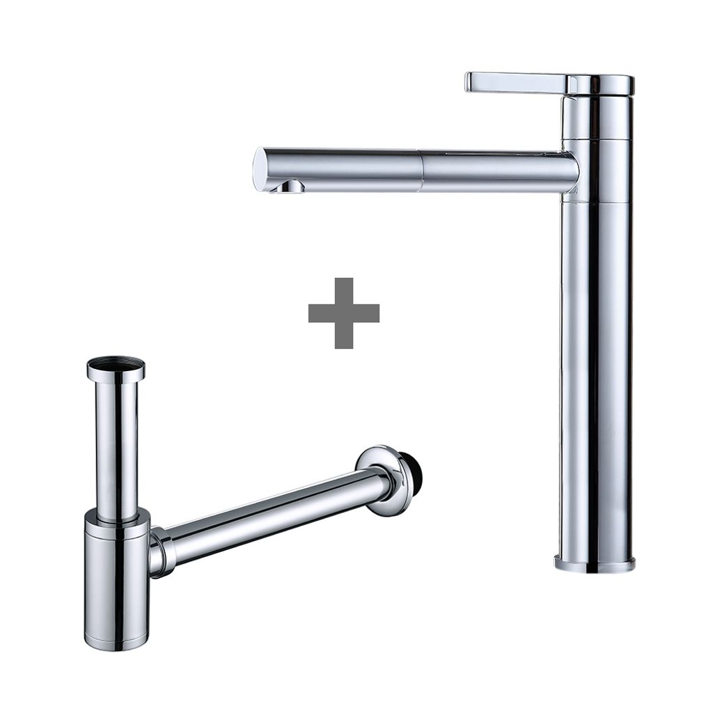 Badarmatur mit Röhrensifon Siphon, Wasserhahn Bad Armatur hoch 360° drehbar, 1-1/4 Siphon für Waschbecken höhenverstellbar