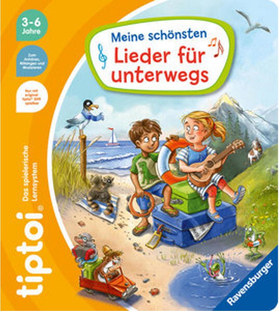 Children on a beach with musical instruments and luggage.