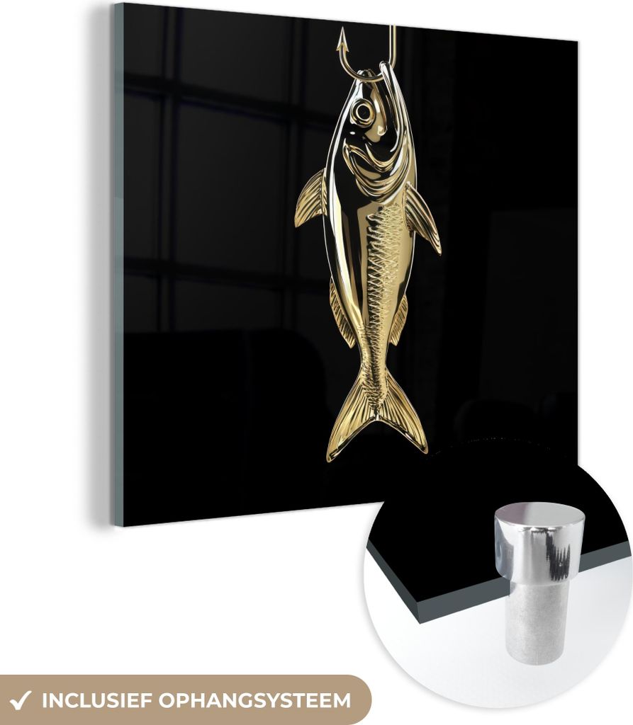 MuchoWow Glasbilder - Bilder auf Wandbild - Foto auf Glas Gold - Fisch - Haken - Schwarz 40x40 cm Wanddekoration aus Glas - Acrylglasbild - Acrylbi...