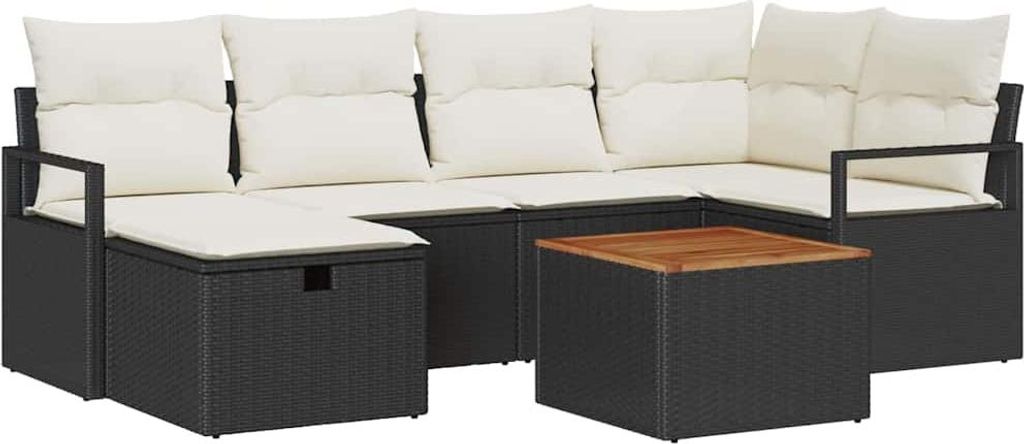 Garten-Sofa-Set mit Kissen 7 pcs Schwarz Poly Rattan