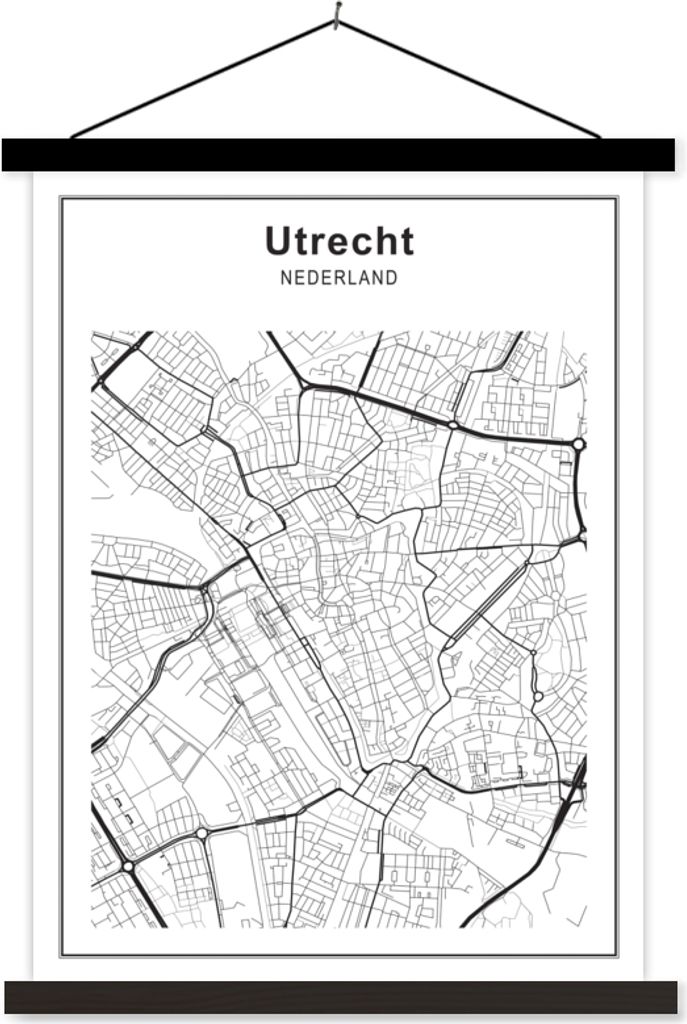 MuchoWow Textilposter Stadtplan - Utrecht - Schwarz und weiß 120x160 cm mit schwarzem Rahmen - Magnetischer