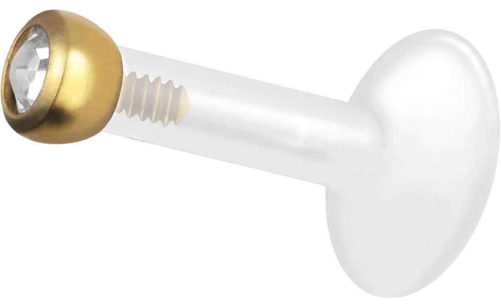 Ohrpiercing, Nasenpiercing PTFE Labret mit Innengewinde + Titan-Aufsatz KRISTALL Gold Stablänge: 7mm + Stabstärke: 1,6mm + Kugelgröße: 2mm