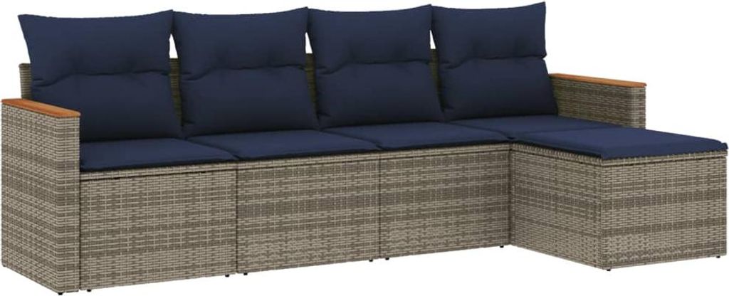 5-teiliges Gartensofa-Set mit Kissen, grau, Polyrattan