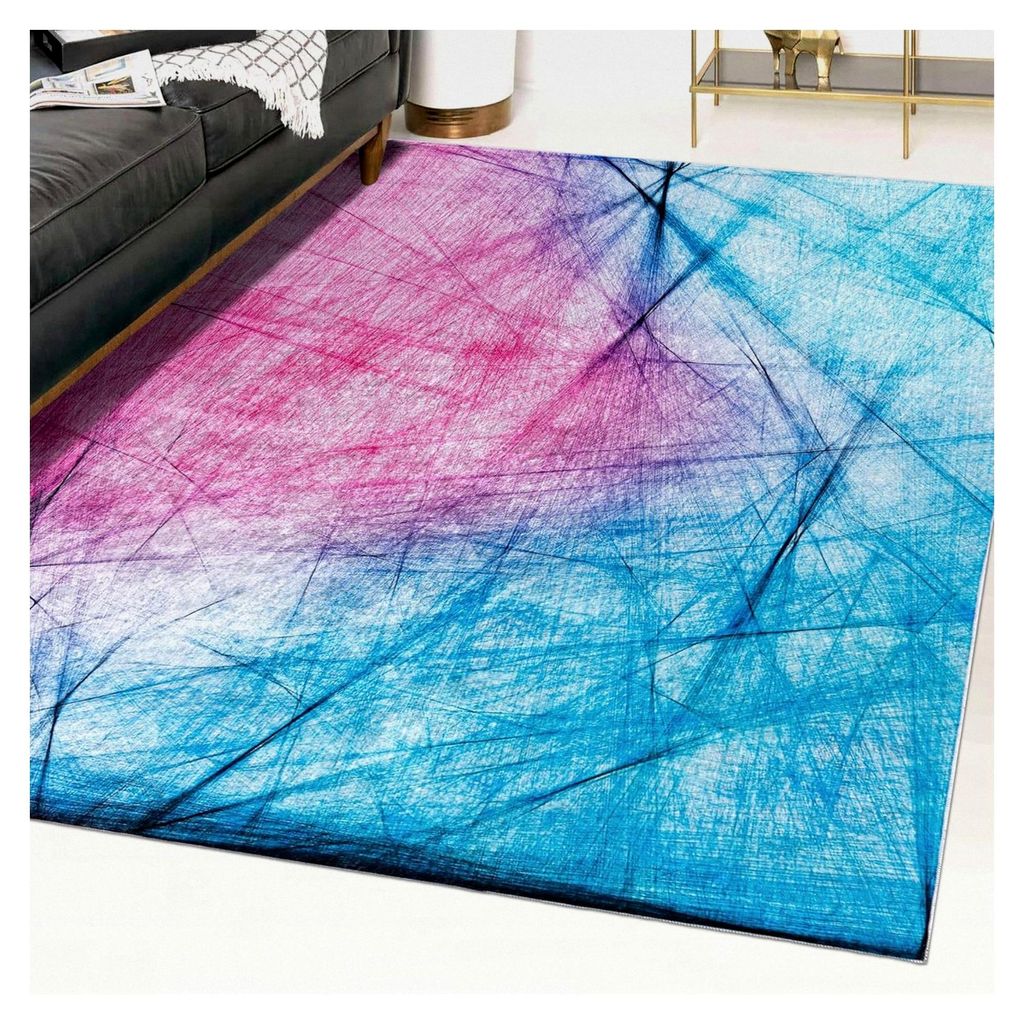 Moderner Teppich - Kurzflor Waschbar - Weicher Teppich für Wohnzimmer, Schlafzimmer, Esszimmer – Abstrakte Teppiche - Bunt Blau Rosa 80 x 150 cm