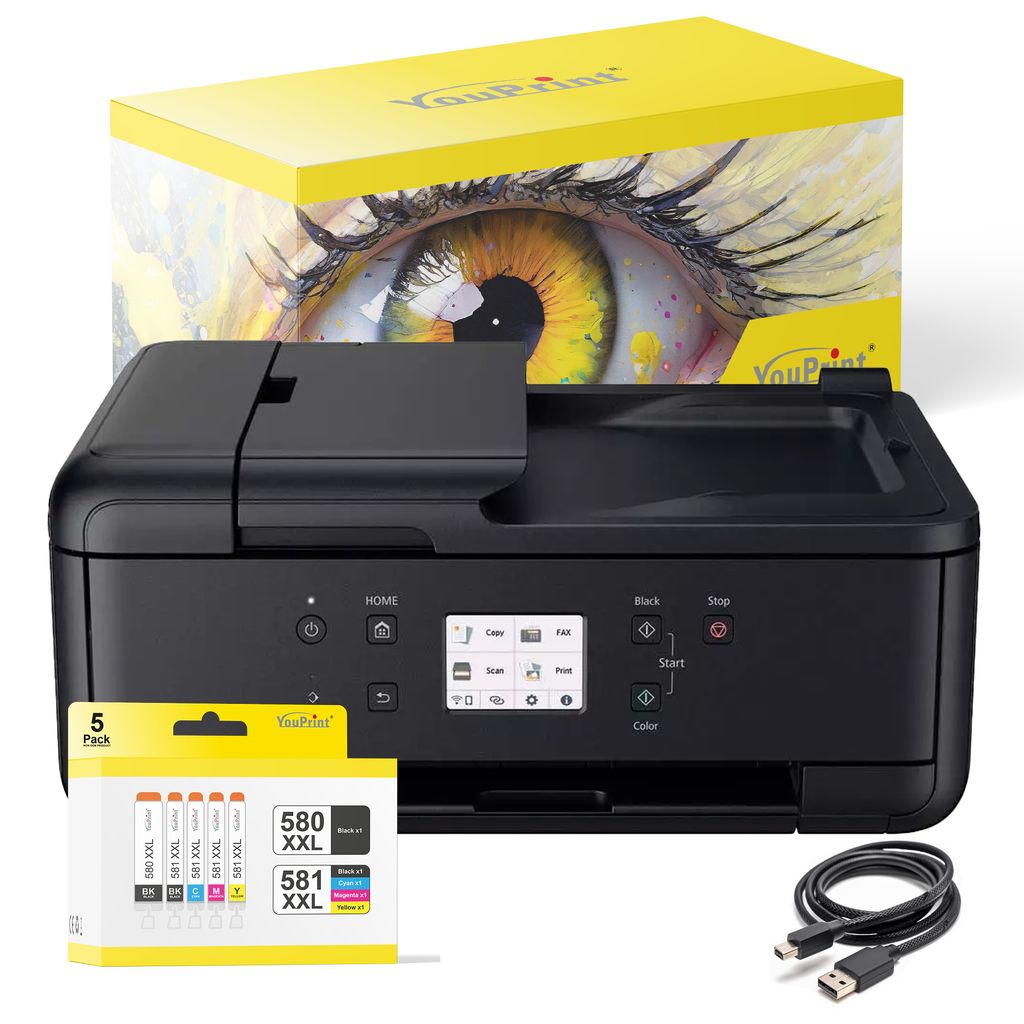 A black Canon PIXMA TR7650 multifunction printer is shown with a box of ink cartridges and a USB cable.