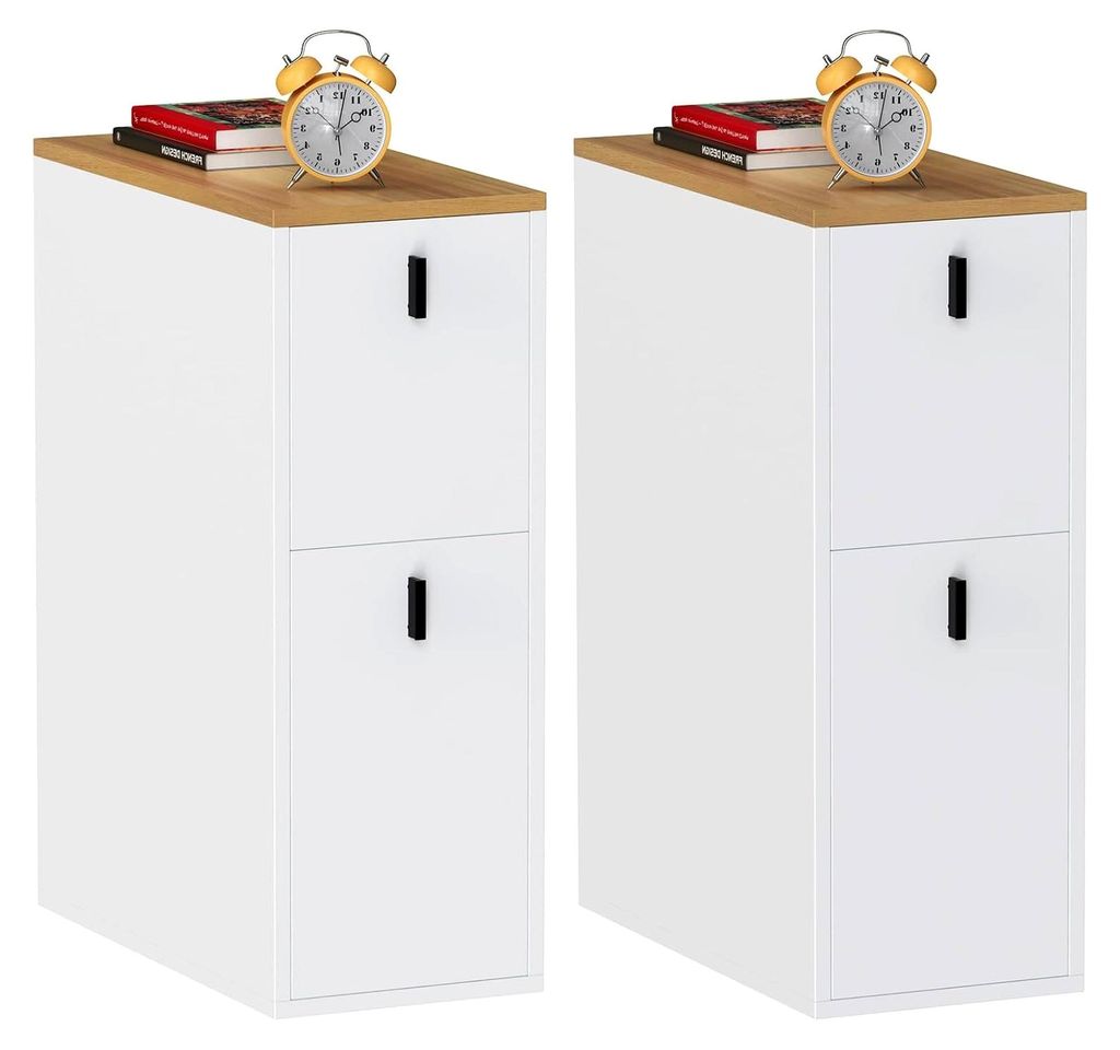 2 schmale Nachttische mit 2 Schubladen, kleiner Nachtschrank für das Schlafzimmer, beige Nachtkästchen