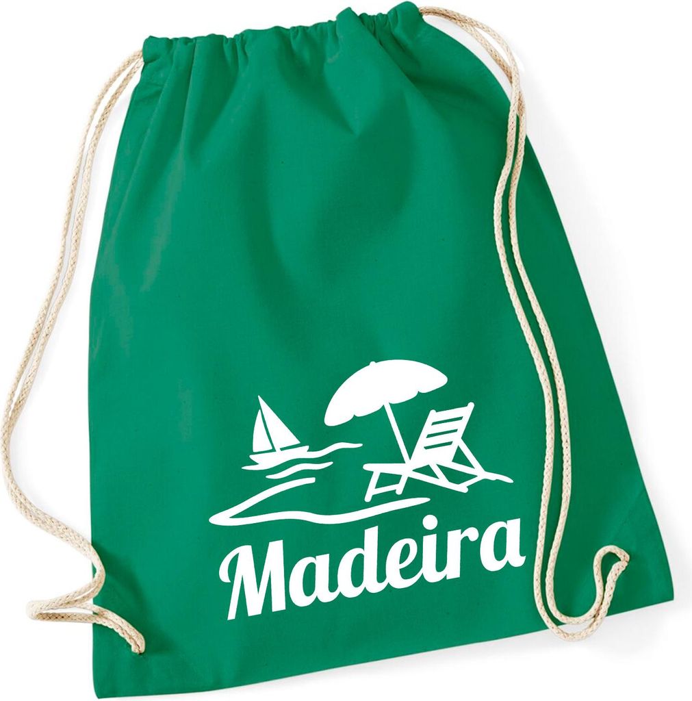 Huuraa Turnbeutel Madeira Inselmotiv Portugal 12 Liter Kelly Green Baumwolle Rucksack Geschenkidee