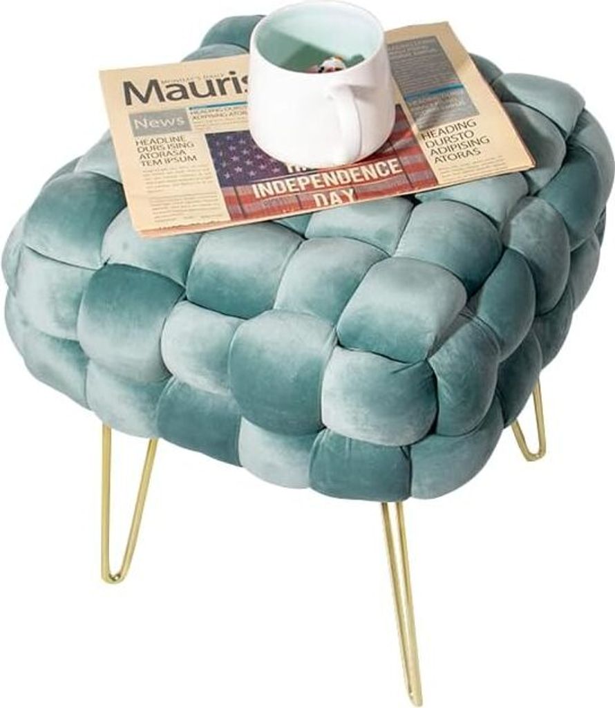 Theo&Cleo Moderner Velvet Kosmetik Hocker, Quadratisch Ottoman-Fußhockermit goldfarbenen Metallbeinen, Gepolsterte Sitzhocker,Strick Samt Hocker