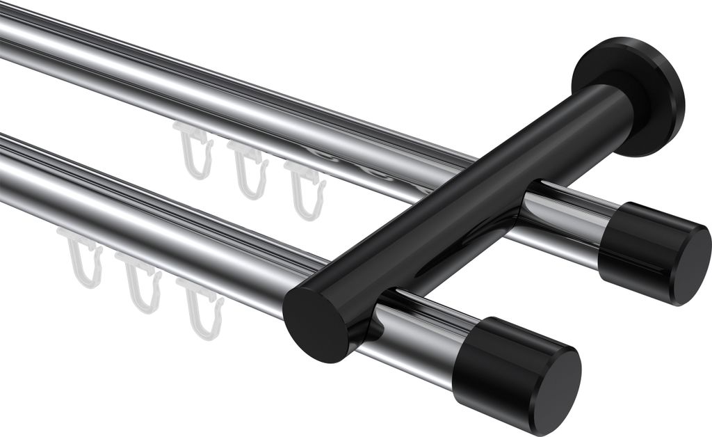 Interdeco Innenlaufstange / Gardinenstange mit Innenlauf Chrom / Schwarz, Typ Platon Santo (Kappe), 20 mm Ø 2-läufig, 220 cm