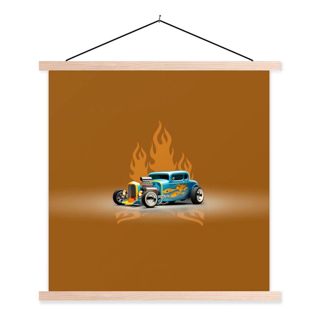MuchoWow Textilposter Auto - Gelb - Flammen - Vintage 120x120 cm mit holzfarbenen Rahmen - Textil-Poster