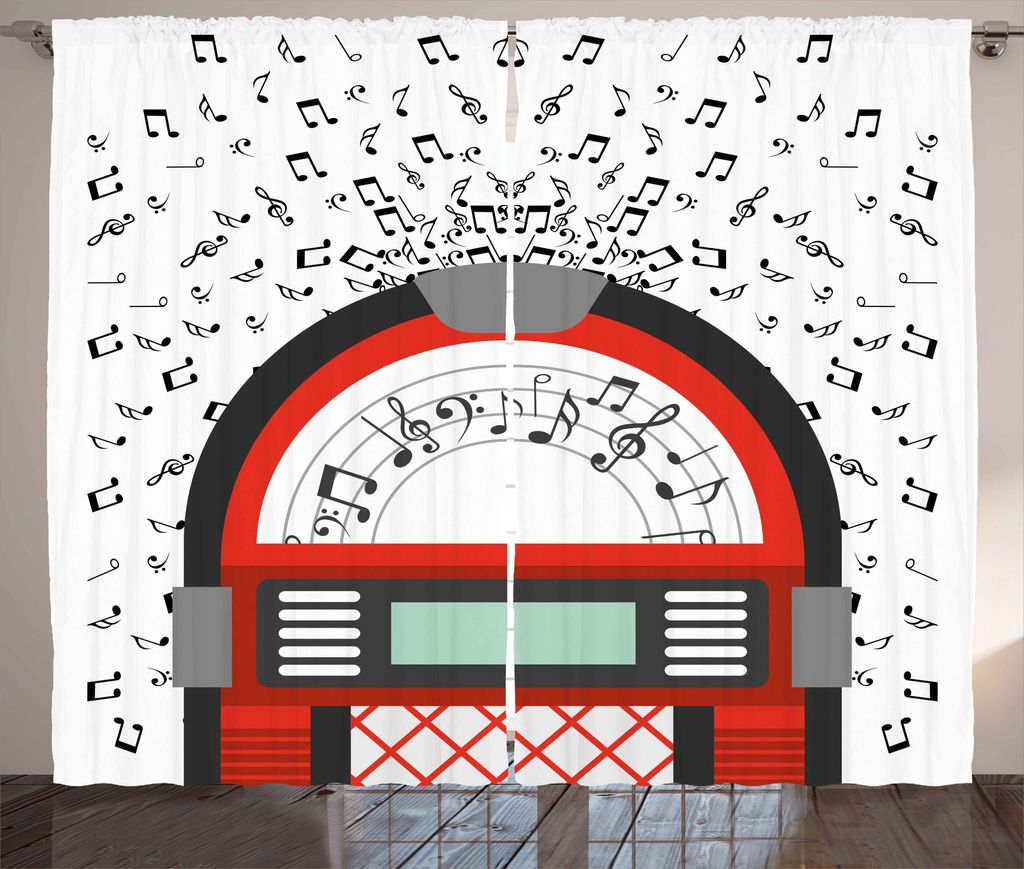 ABAKUHAUS Karikatur Rustikaler Vorhang, Antike alte Radio-Box, Wohnzimmer Universalband Gardinen mit Schlaufen und Haken, 280 x 225 cm, Weiß Schwa...