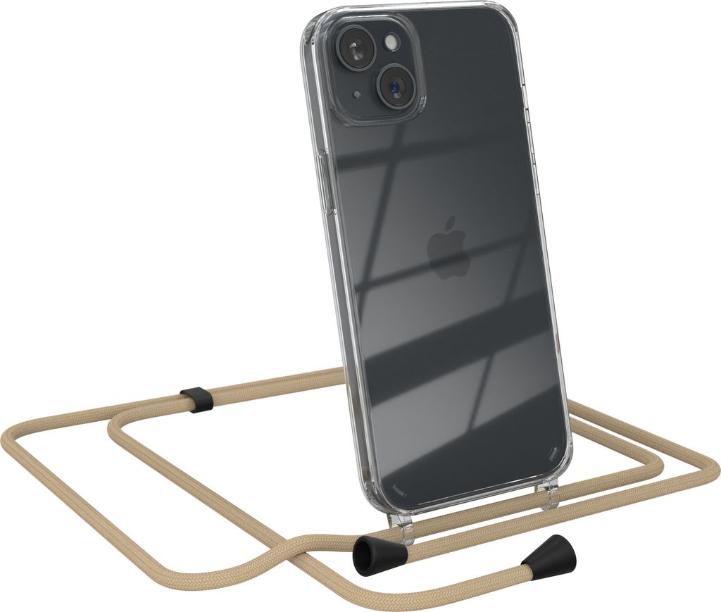 EAZY CASE Handykette kompatibel mit Apple iPhone 15 Plus, Handyhülle mit Umhängeband, Handykordel, Schutzhülle Clear, Band in Blau