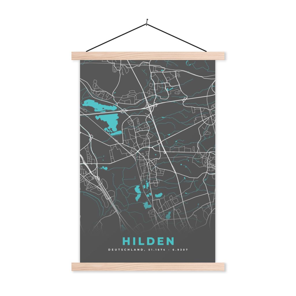 MuchoWow Textilposter Blau - Deutschland - Karte - Stadtplan - Hilden 60x90 cm mit holzfarbenen Rahmen - Textil