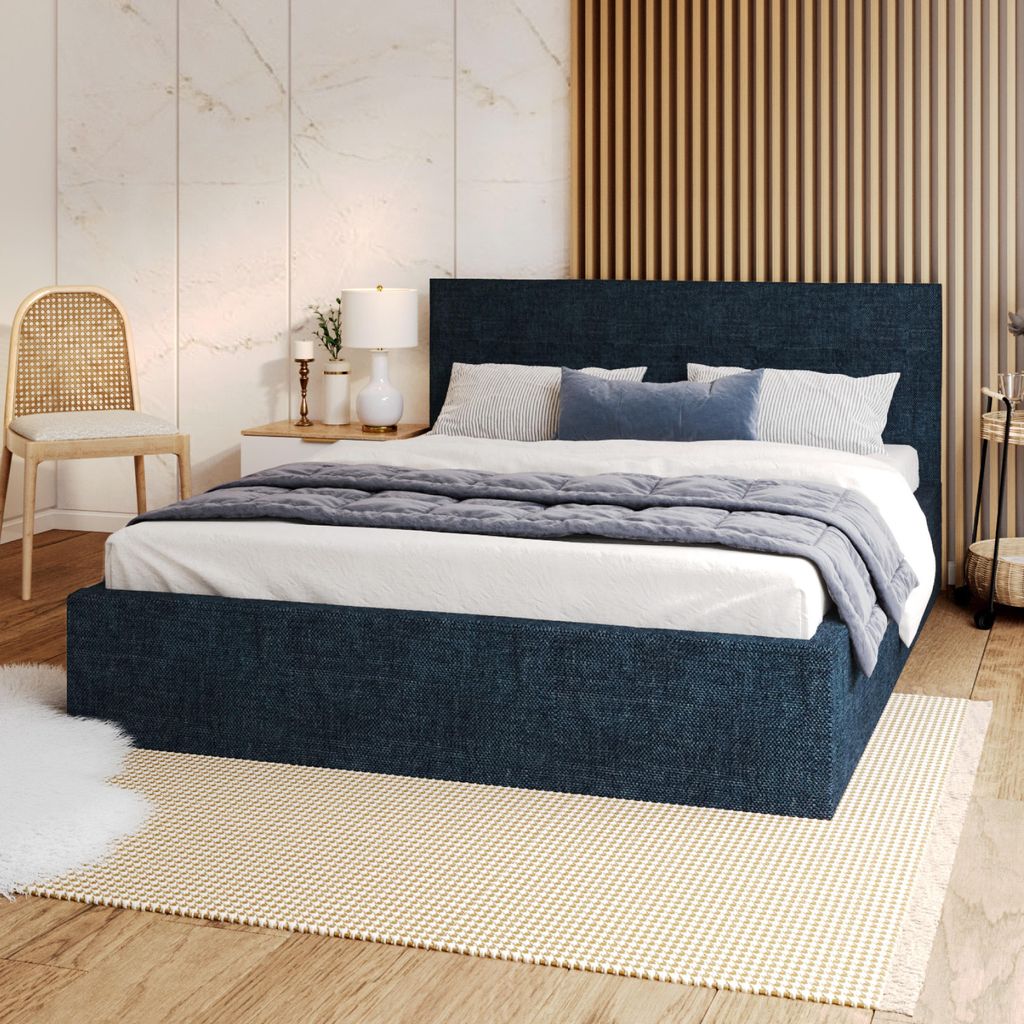 FDM Bett BOHO Ottawa 140x200 cm Polsterbett mit Lattenrost aus Metall Bettkasten Stauraumbett blau