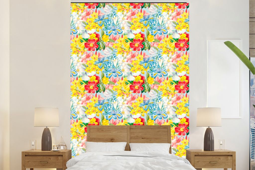 MuchoWow Fototapete für Wohnzimmer oder Schlafzimmer Wandtapete Vinyl Motivtapete Blumen - Sommer - Muster - 195x300 cm - Das Hintergrundbild