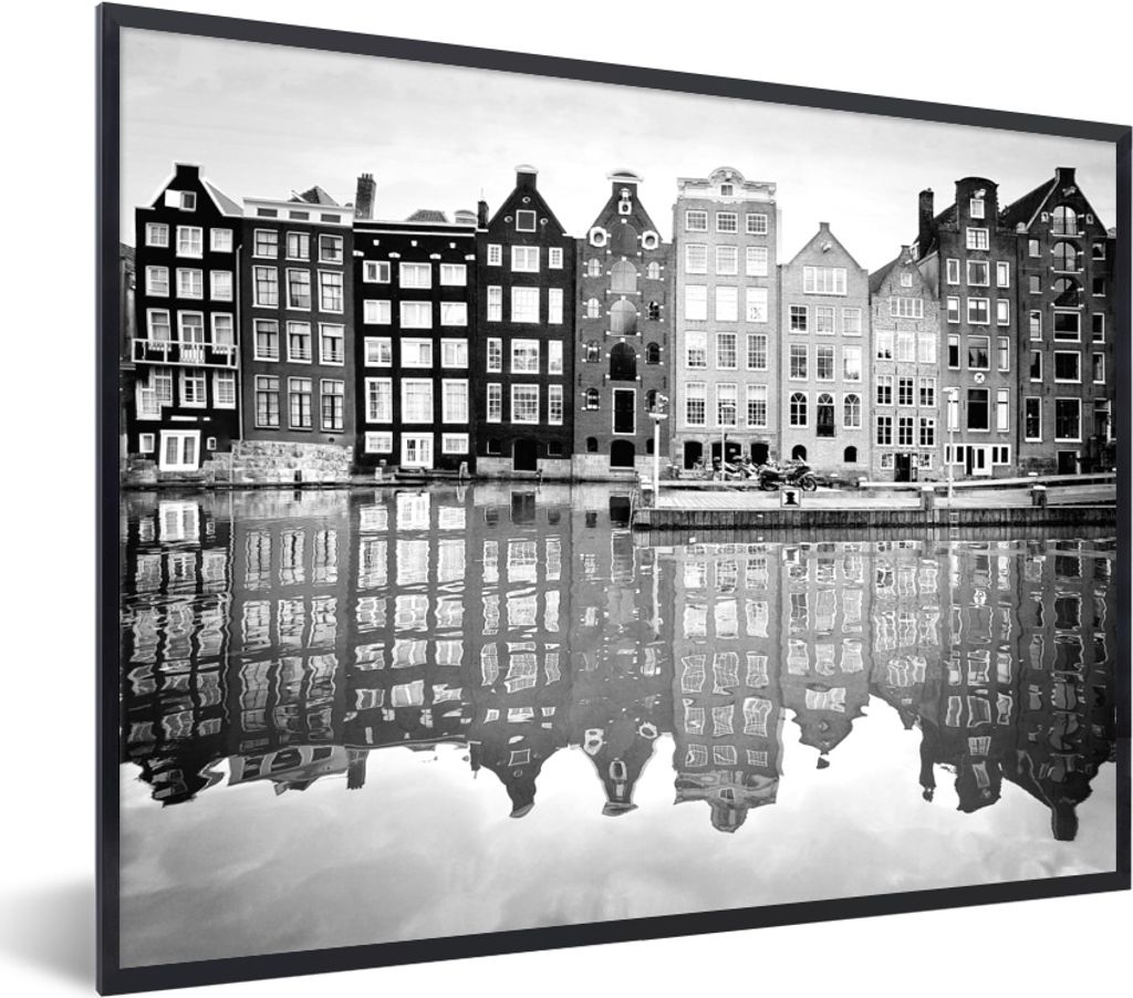 MuchoWow MuchoWow Gerahmtes Poster Typische Fassaden Spiegelung im Wasser - schwarz und weiß 40x30 cm - Poster mit zchwarzem Bilderrahmen - Ku...