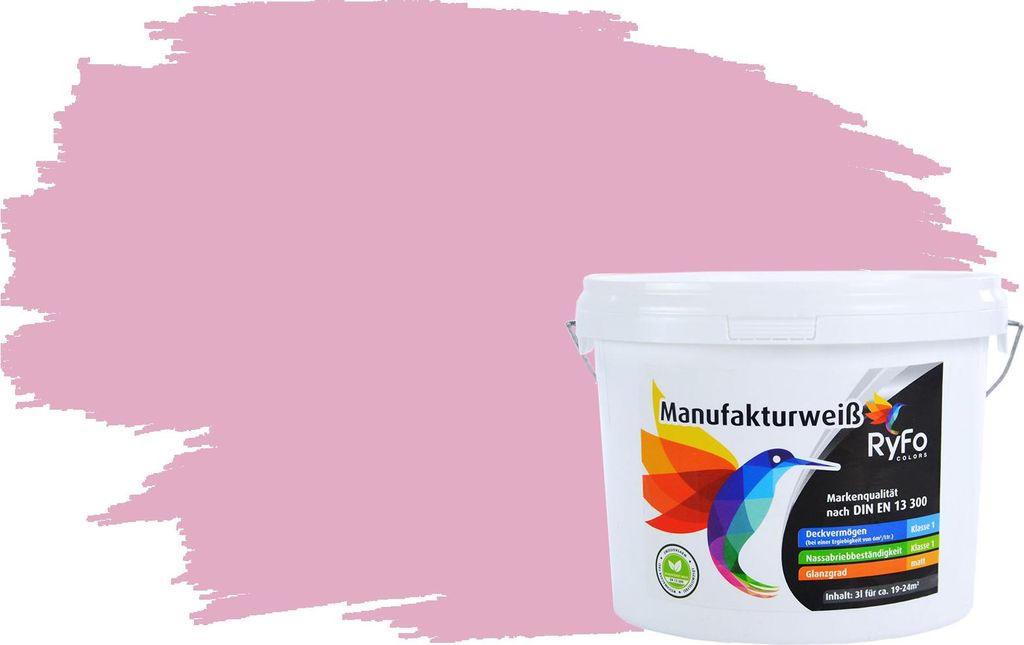 RyFo Colors Bunte Wandfarbe Manufakturweiß Babyrosa 3l - weitere Violett Farbtöne und Größen erhältlich, Deckkraft Klasse 1, Nassabrieb Klasse 1