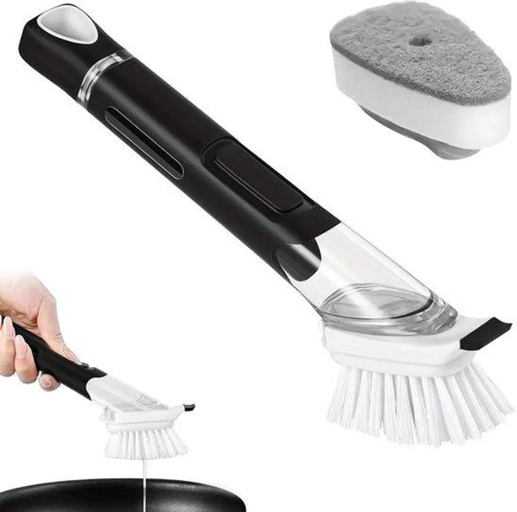 Brosse 2-en-1 avec distributeur : finie la vaisselle pénible, têtes incluses