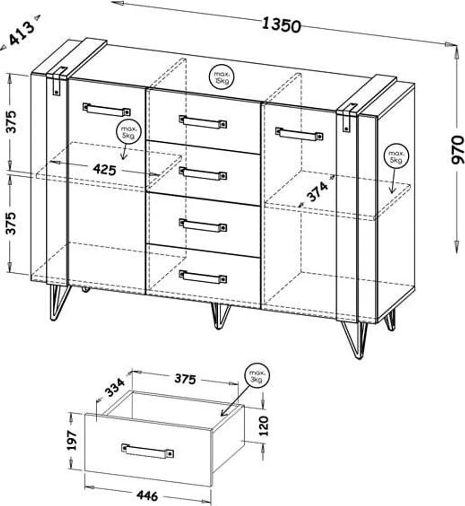 Buffet bas et commode de rangement CONOVER chêne et gris béton loft