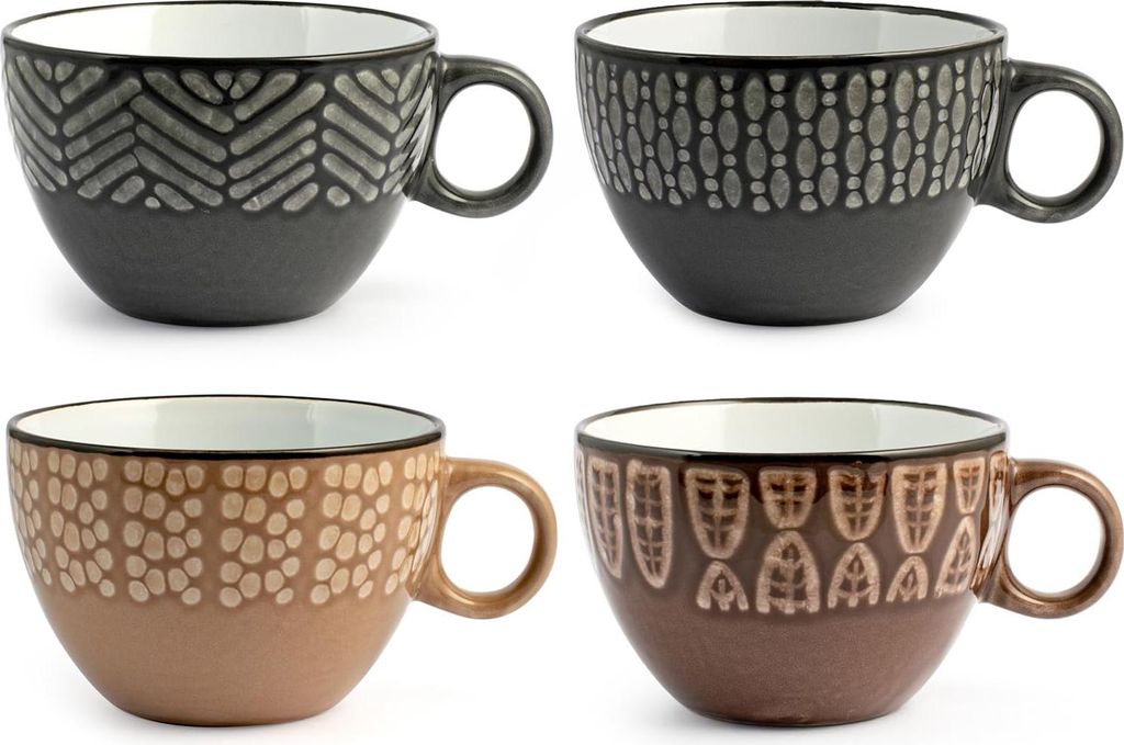 H&H Set mit 6 großen ethnischen Tassen aus verschiedenem Steingut, CC460