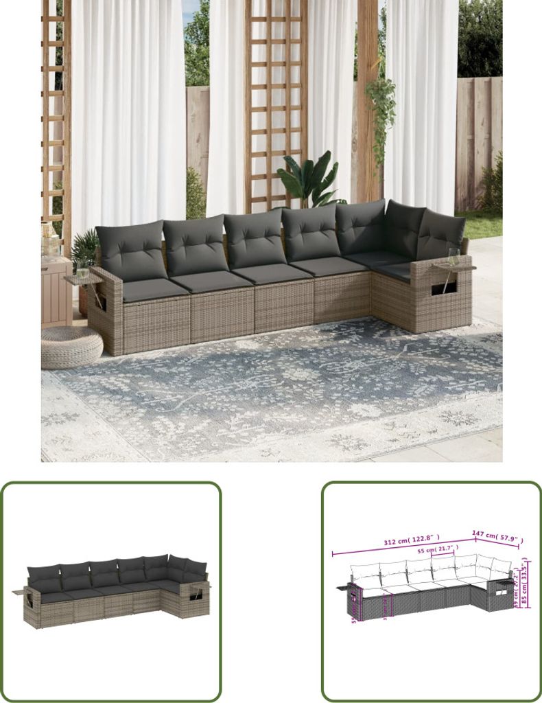 The Living Store 6-tlg. Garten-Sofagarnitur mit Kissen Grau Poly Rattan