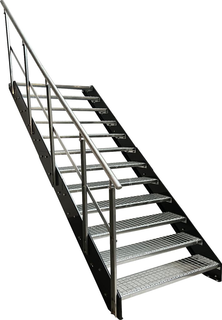 Stahl Wangentreppe Gitterroststufen 12 Stufen Geländer Links - Verzinkt & Anthrazit pulverlackierten Wangen - (B x H x T) 60 x 228 x 234 cm
