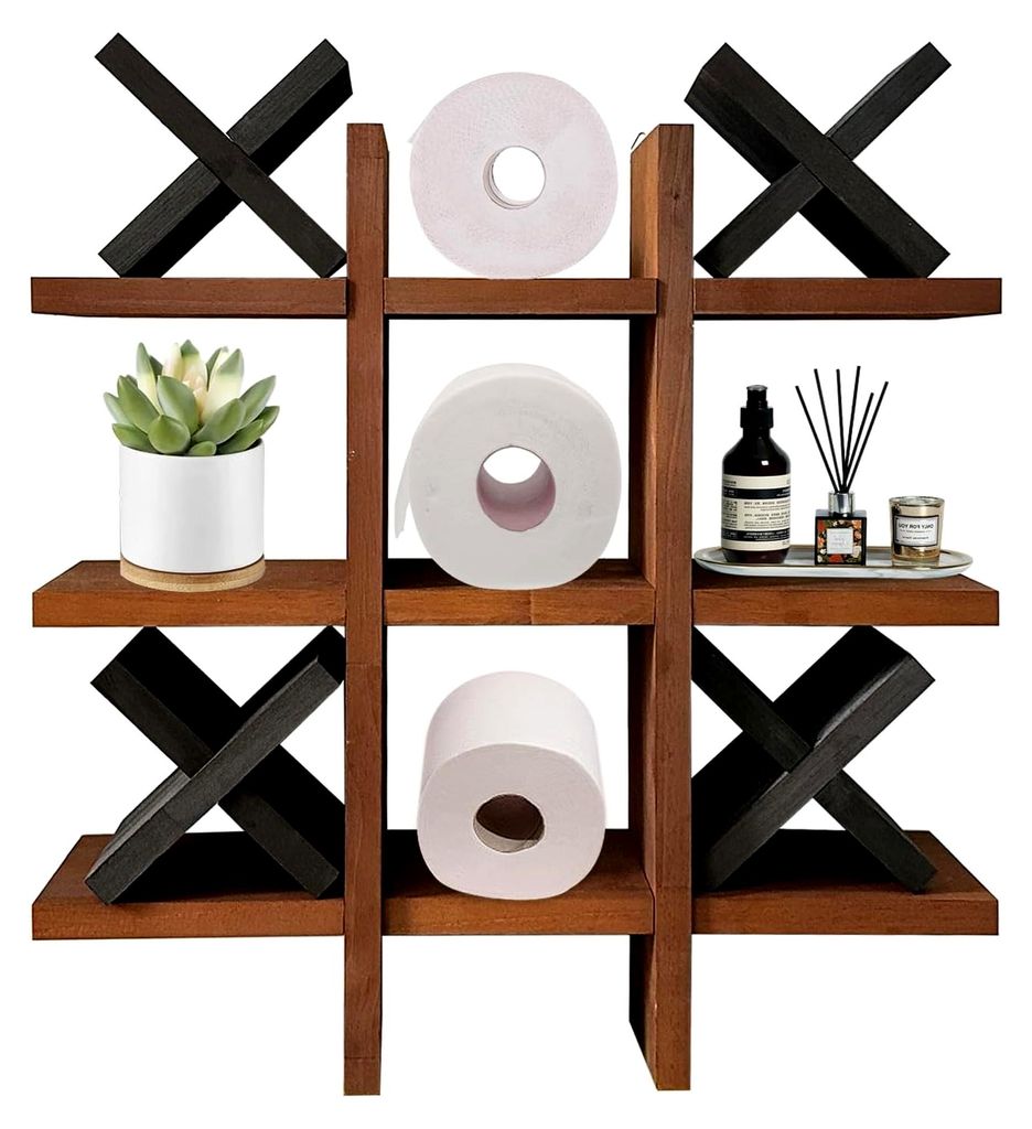 Toilettenpapierhalter Tic Tac Toe aus Holz, mit Ablage und 4 Holz-X, Badezimmerregal für Gäste-WCs oder zur Dekoration