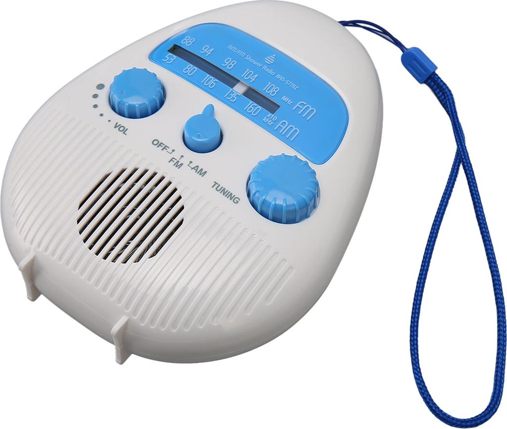 A white and blue portable AM/FM radio with a blue strap.