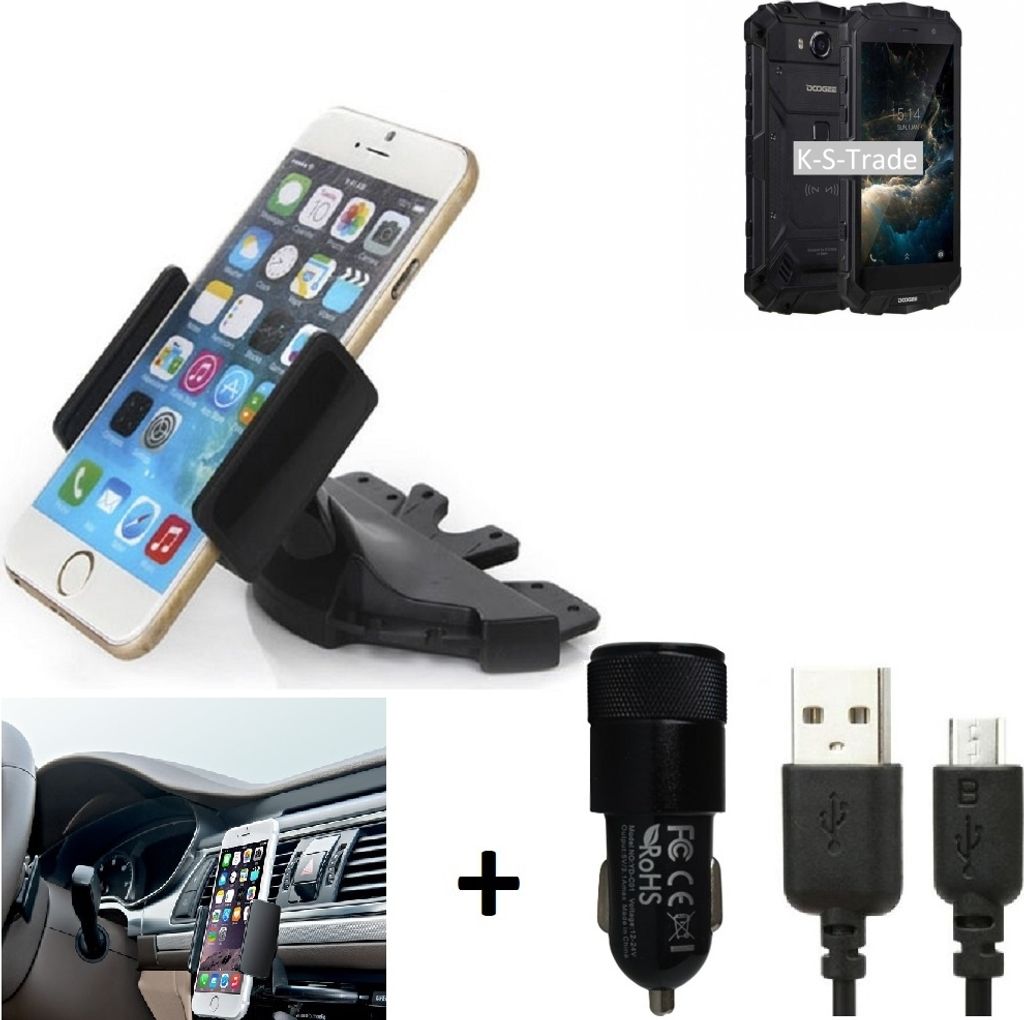 TOP SET K-S-Trade Autohalterung kompatibel mit Doogee S60 Lite CD Schlitz Halterung KFZ-Halter Radio Handy Halterung 360° drehbar DVD-Schacht inkl.