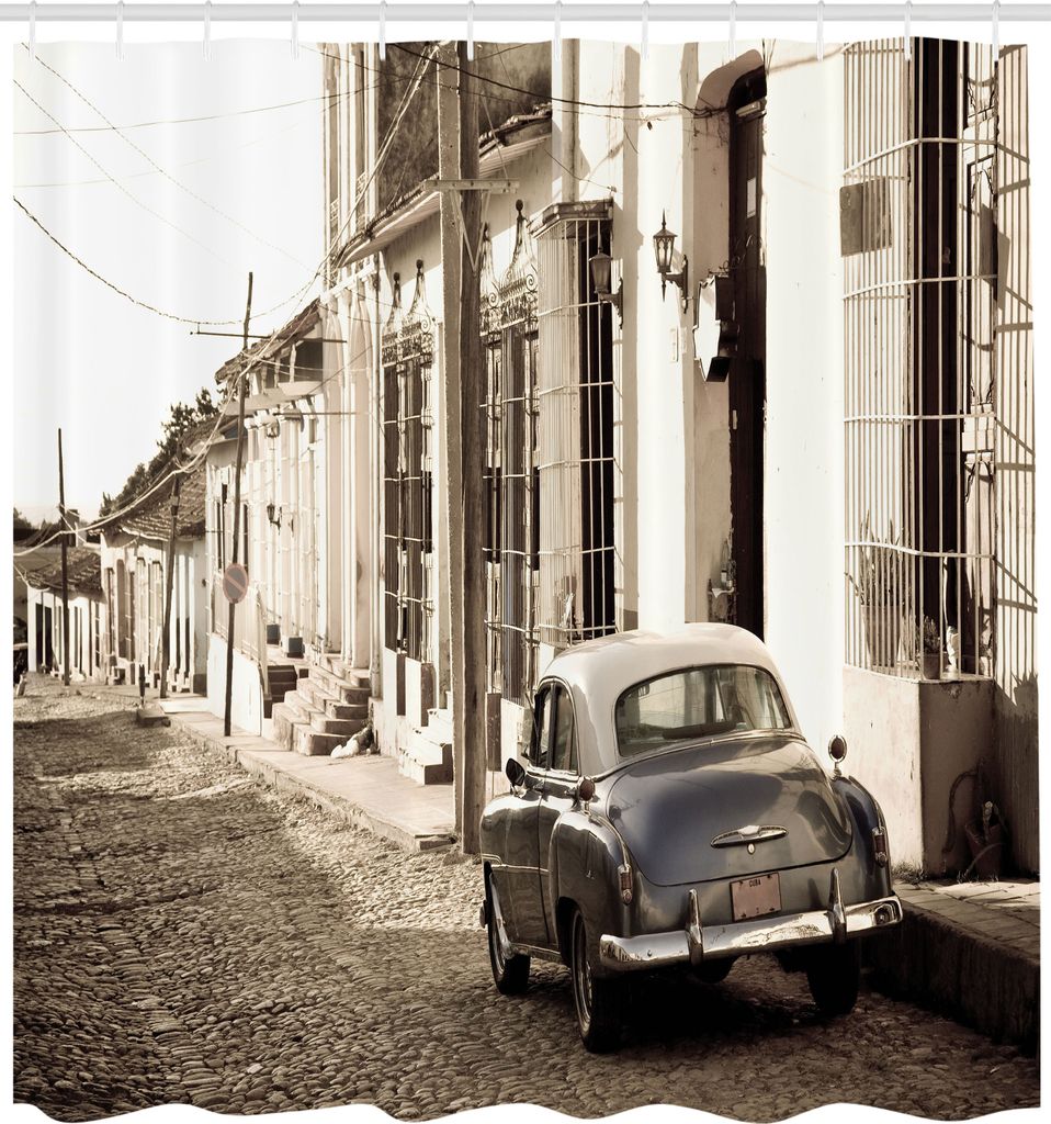ABAKUHAUS Oldtimer Duschvorhang, Alte Amerikanisches Auto In Den Kolonialstraßen Von Trinidad Historischem Bild Kubas, Stoffliches Gewebe Badezimm...
