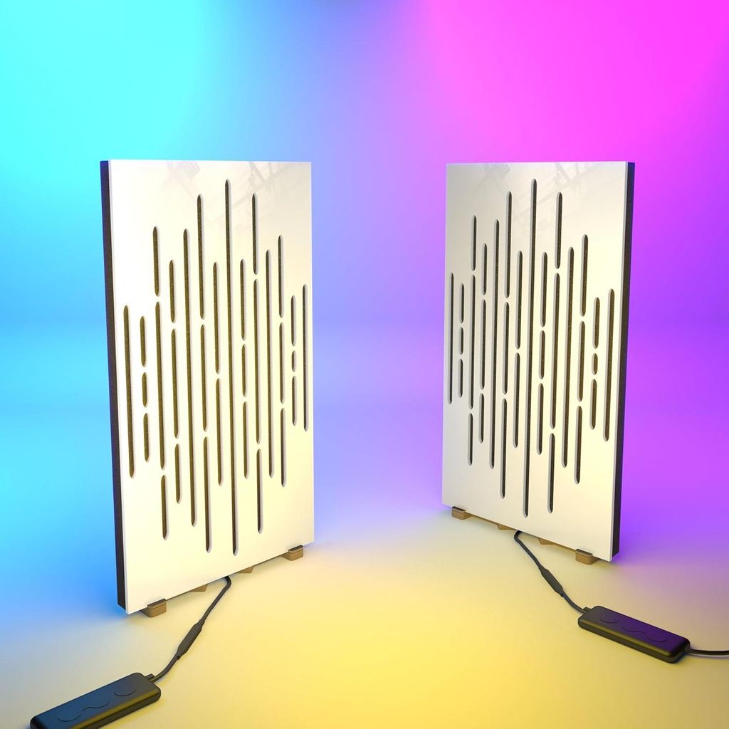 2er-Pack schmale Akustikplatten "WAVE-mini" mit RGB-Schreibtischlampe | Mobiler Ständer mit LED-Tischfuß | 25 x 50 cm |Weiß glänzender Kunststoff