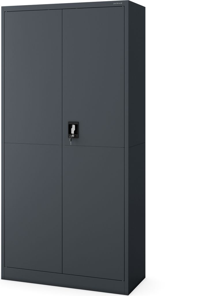 A dark gray metal cabinet with two doors and a lock.