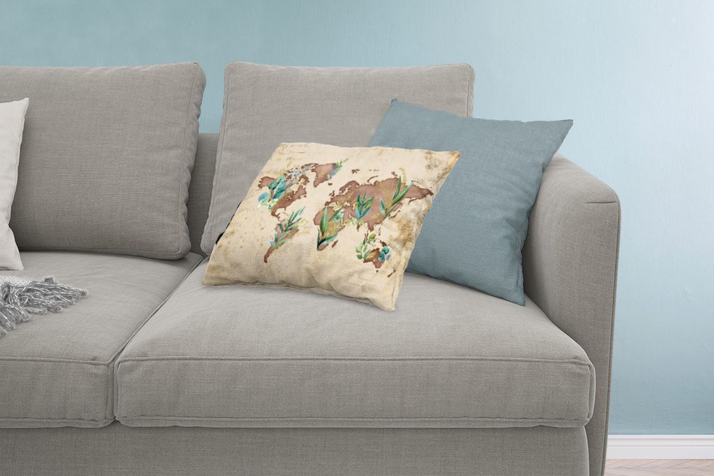 MuchoWow Zierkissen Sofakissen Wohnzimmer Dekokissen 60x40 cm Weltkarte - Retro - Pflanzen - Kopfkissen - Polster mit Foto