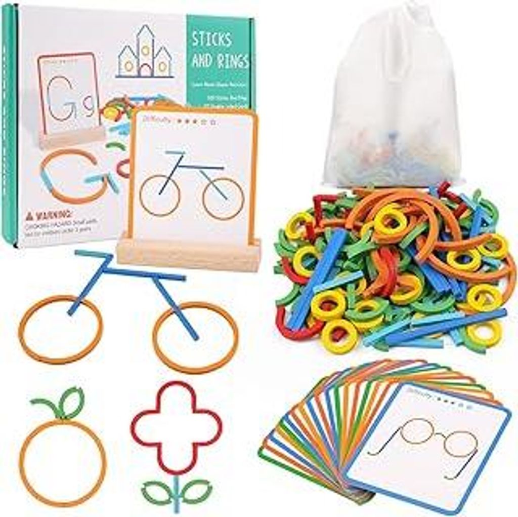 Montessori Spielzeug ab 3 Jahre, Vorschule Lernspiele, 120 Holz Sticks und Ringe 20 Karten, Form Farberkennung Montessori Steckpuzzle, Geschenk zur...