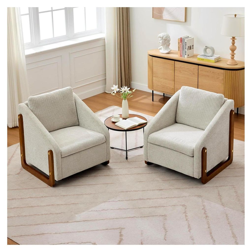 2er-Set Chenille Lounge Sessel, Vintage Ohrensessel mit Armlehnen, Bequemer Lesesessel, Holz Sofa Sessel mit Kissen für das Wohnzimmer, Weiß
