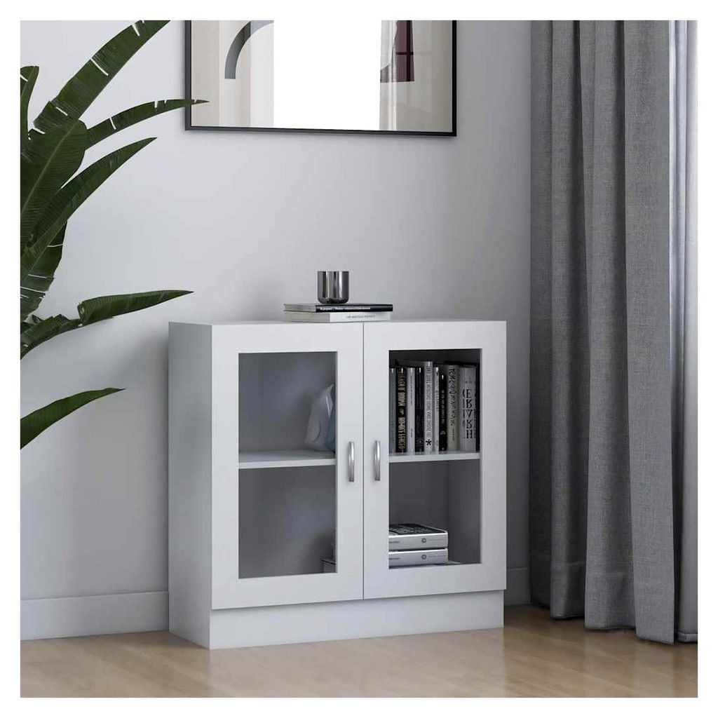 Vitrinenschrank für das Wohnzimmer, Hochglanz Vitrine mit Glastüren aus Holzwerkstoff 80 cm in Weiß