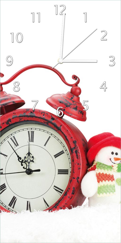 Wallario Design Wanduhr bedruckt, Größe 30 x 60 cm, Motiv: Wecker mit Schneemann und Geschenken