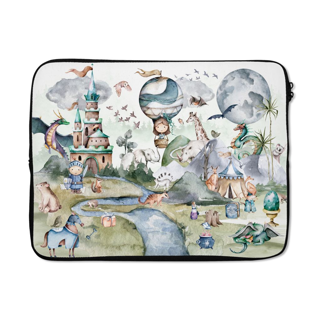 MuchoWow Laptop Hülle 15 Zoll Kinder - Heißluftballon - Drache - Jungen - Burg - Aquarell Laptoptasche - Laptoptasche - Sleeve - Rundum-Schutz