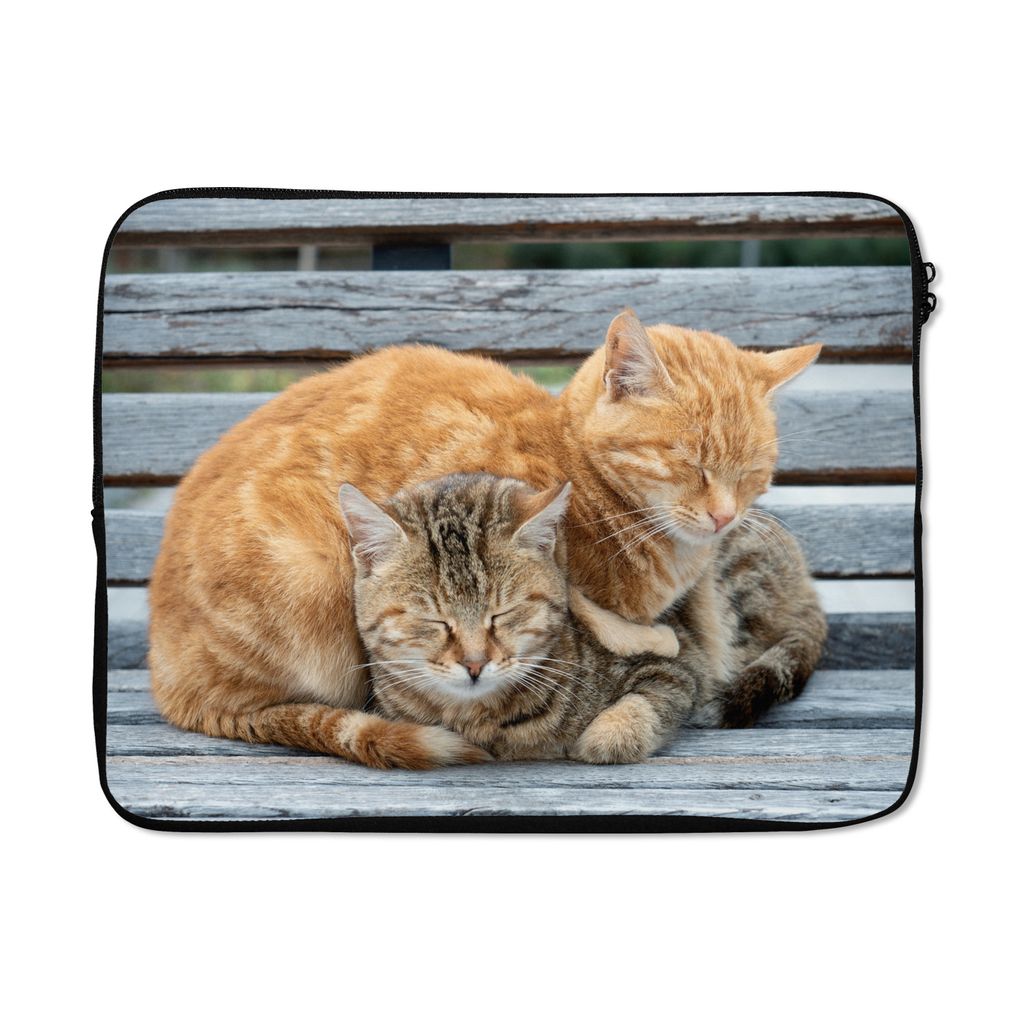 MuchoWow Laptop Hülle 15 Zoll Katzen - Bank - Holz Laptoptasche - Laptoptasche - Sleeve - Rundum-Schutz