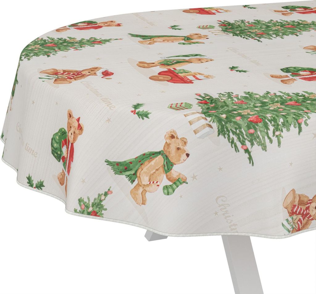 Tischdecke Aquarell Teddybär Weihnachten Beige Oval 200x140cm mit Band-Kante Wachstuch abwaschbar