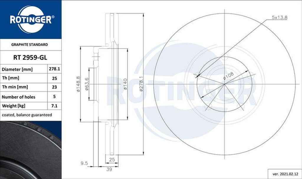ROTINGER RT 2959-GL Bremsscheibe OE 1223663 kompatibel mit Focus, C-Max, V50, S40, C70, C30