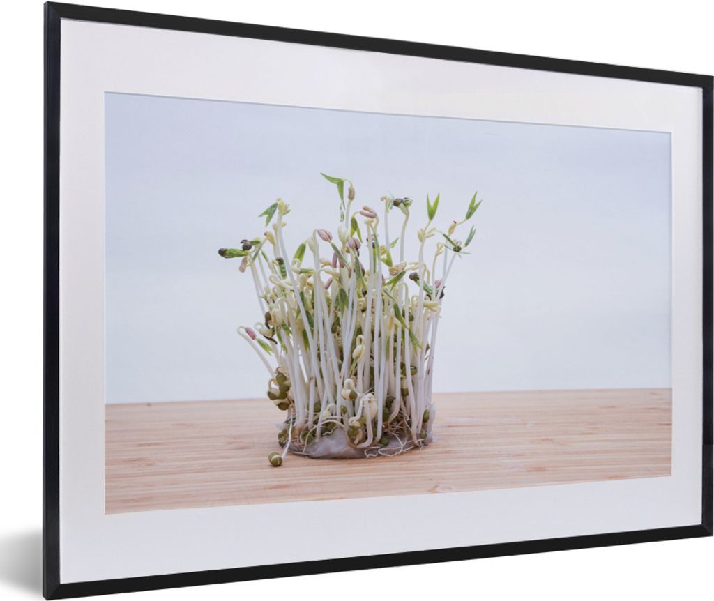 MuchoWow MuchoWow Gerahmtes Poster Bohnensprossen auf einem Holzsockel 60x40 cm - Poster mit zchwarzem Bilderrahmen - Schlafzimmer - Plakat in ...