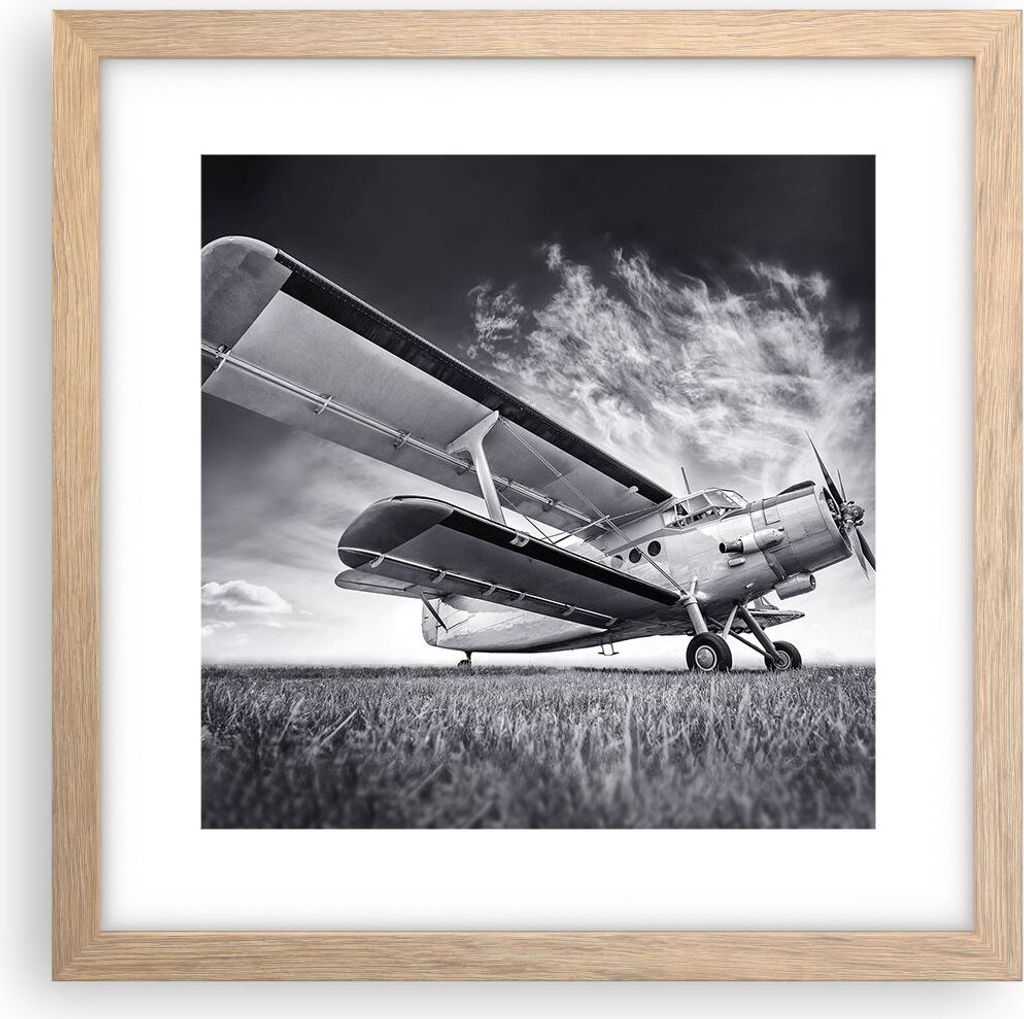 Gerahmtes Poster - Rahmen in heller Eiche - Flugzeug An-2 Schwarzweiß - 30x30 cm - Wand Bild - Wanddeko - Wandbilder - Wandposter - Bilderrahmen -...