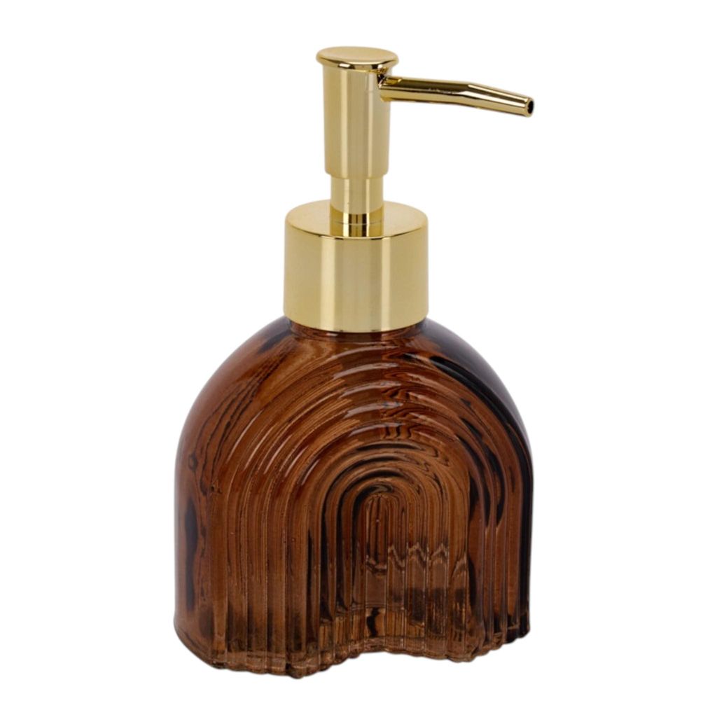 Seifenspender Retro braun gold Glas Pumpkopf Flüssigseifenspender