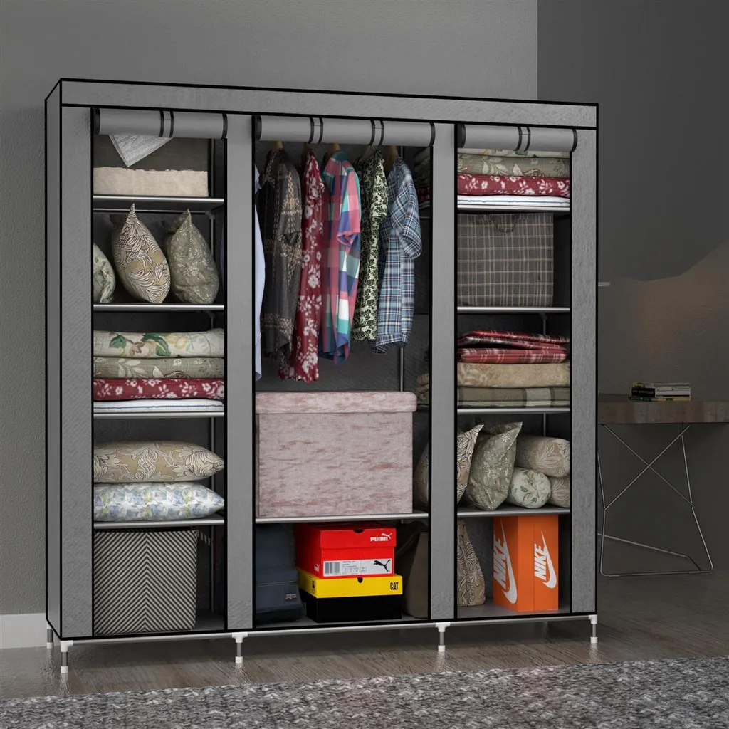 Armoire en tissu gris 150 cm avec tringle et poches de rangement lat
