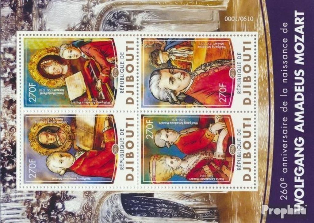 Briefmarken Dschibuti 2016 Mi 924-927 Kleinbogen (kompl. Ausg.) postfrisch Wolfgang Amadeus Mozart