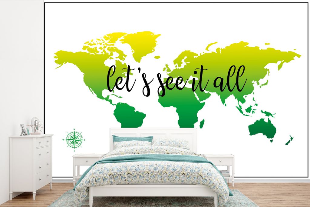 MuchoWow Fototapete für Wohnzimmer oder Schlafzimmer Wandtapete Vinyl Motivtapete Weltkarte - Grün - Kompass - 420x280 cm - Zimmer für Kinder