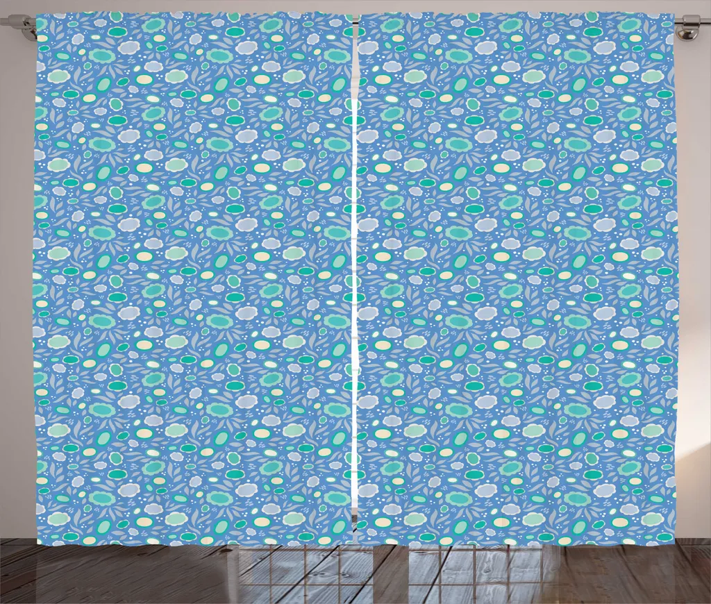 Rideau Floral Abstrait avec Boucles et Crochets 280x225 cm Bleu Gris