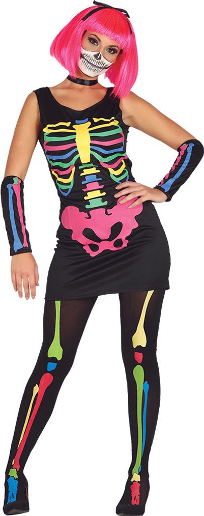 bunters Skelett Kleid mit Stulpen Kostüm für Damen Gr. M/L, Größe:M